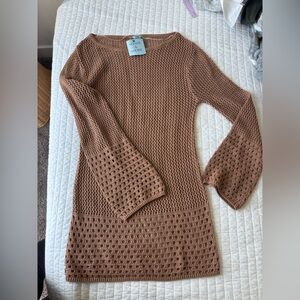 Long-Sleeve Brown Textured Knit Sweater